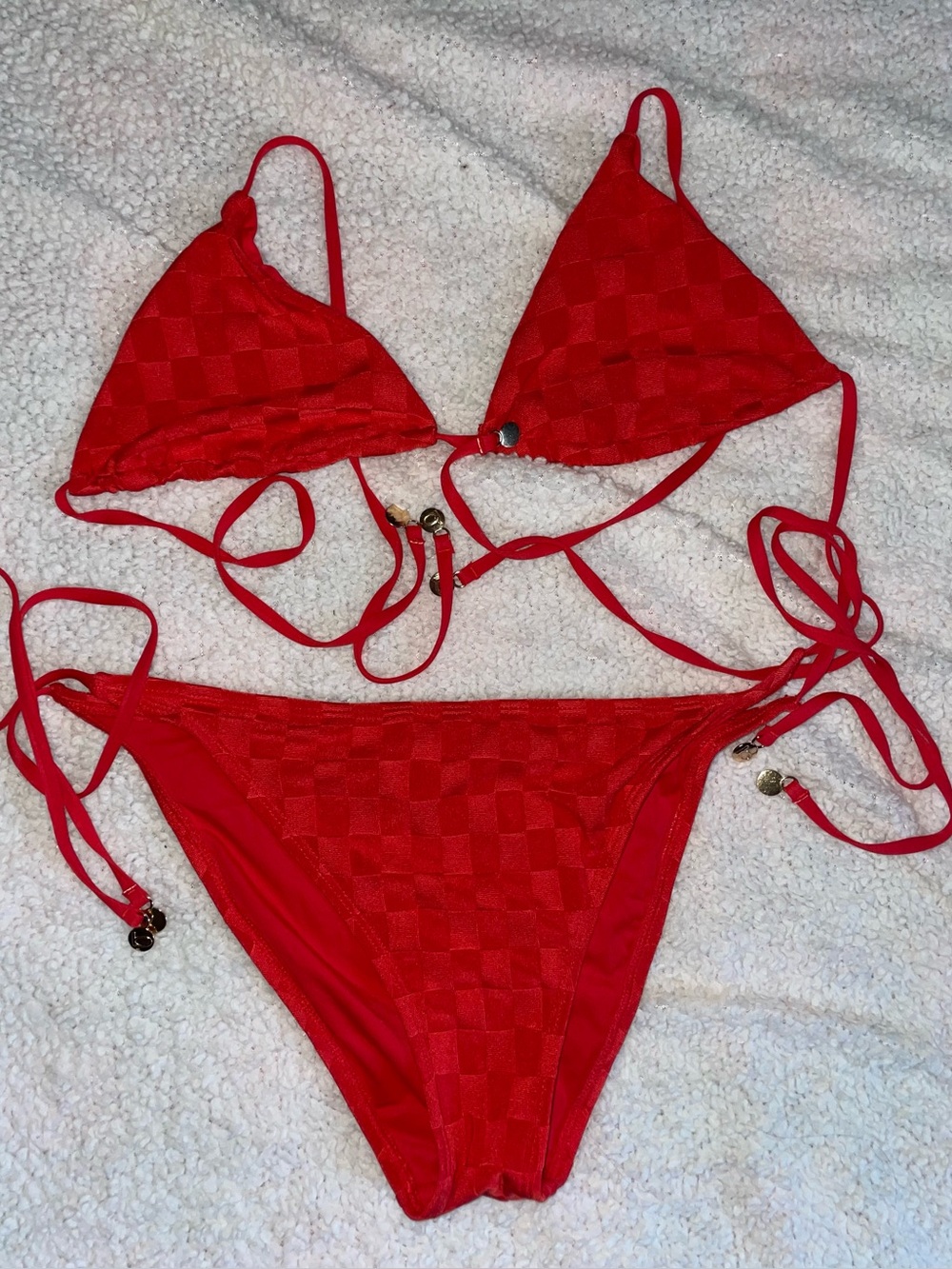 bebe Red Checkered Triangle Bikini Top and Bottom Set